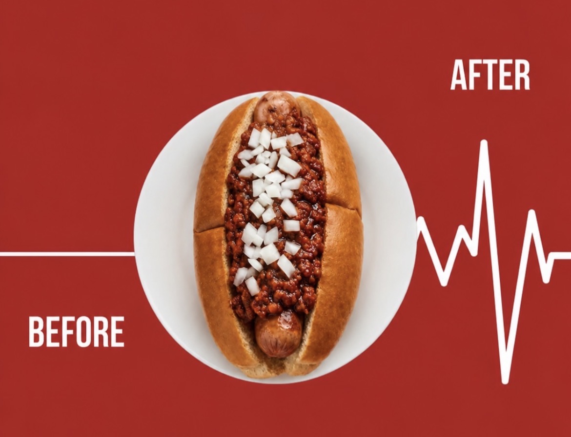 Before: an empty plate. After: a loaded chili dog and a heartbeat back.
